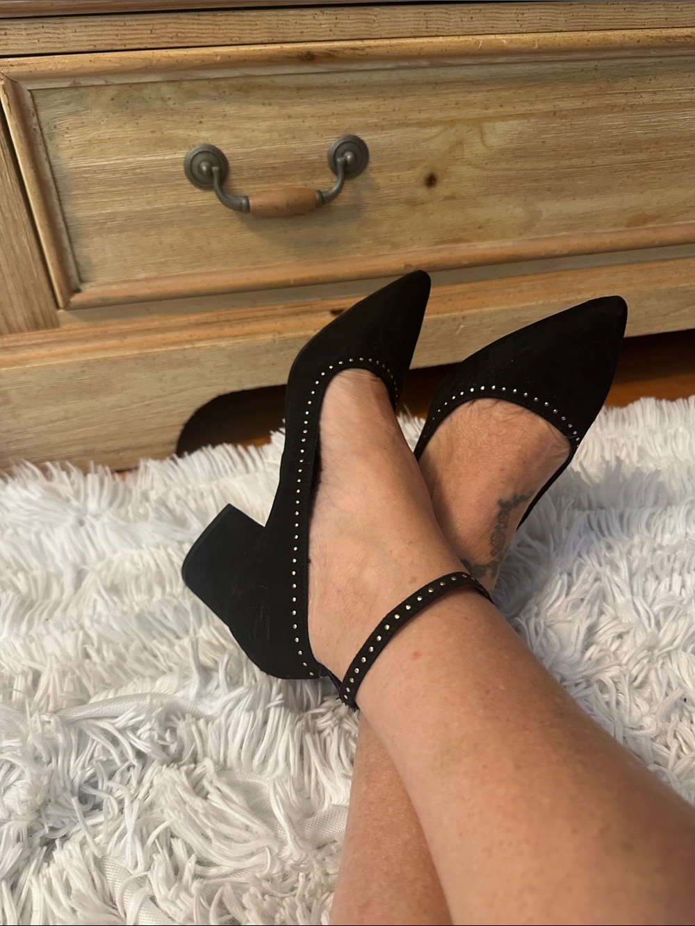 Ann Taylor Factory Black Suede Pointed Block Heel Pumps with Studded Ankle Strap